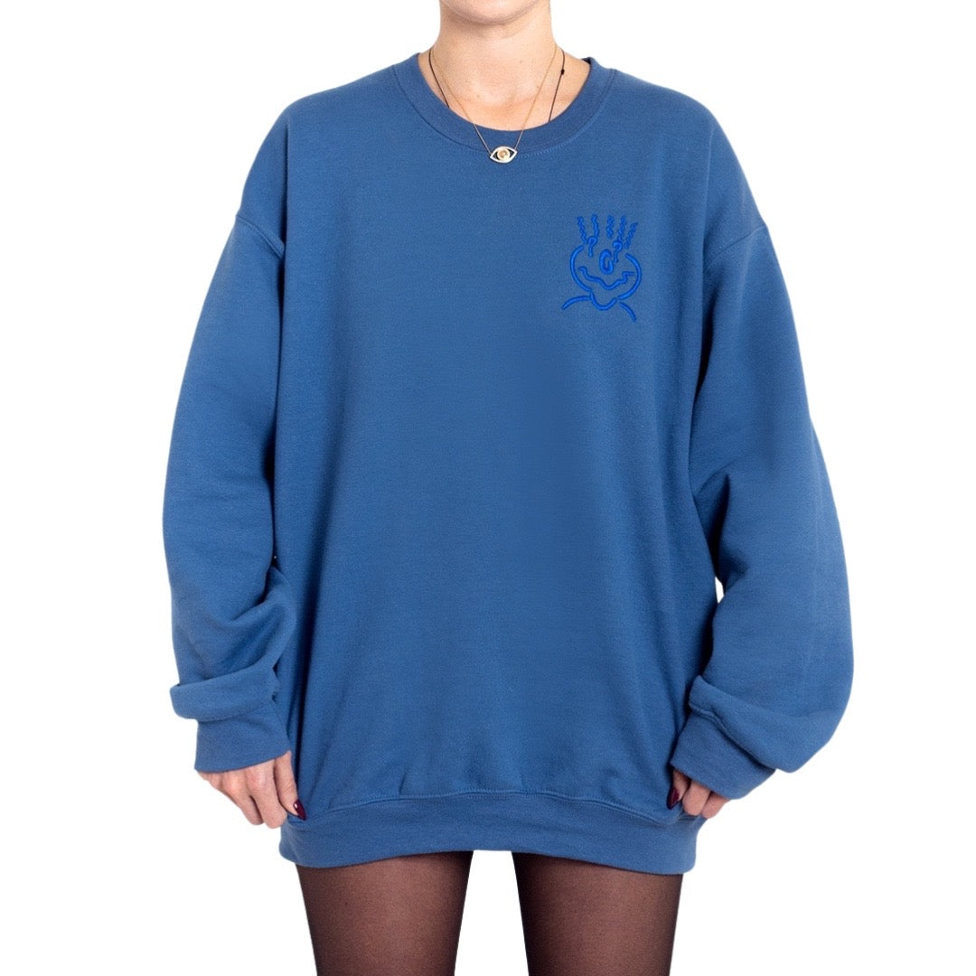 Cotton Embroided Crewneck Sweater Unisex Blue