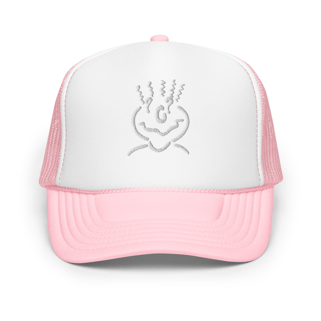 Michelle Mishkin Foam Trucker Embroidered Hat Pink & White