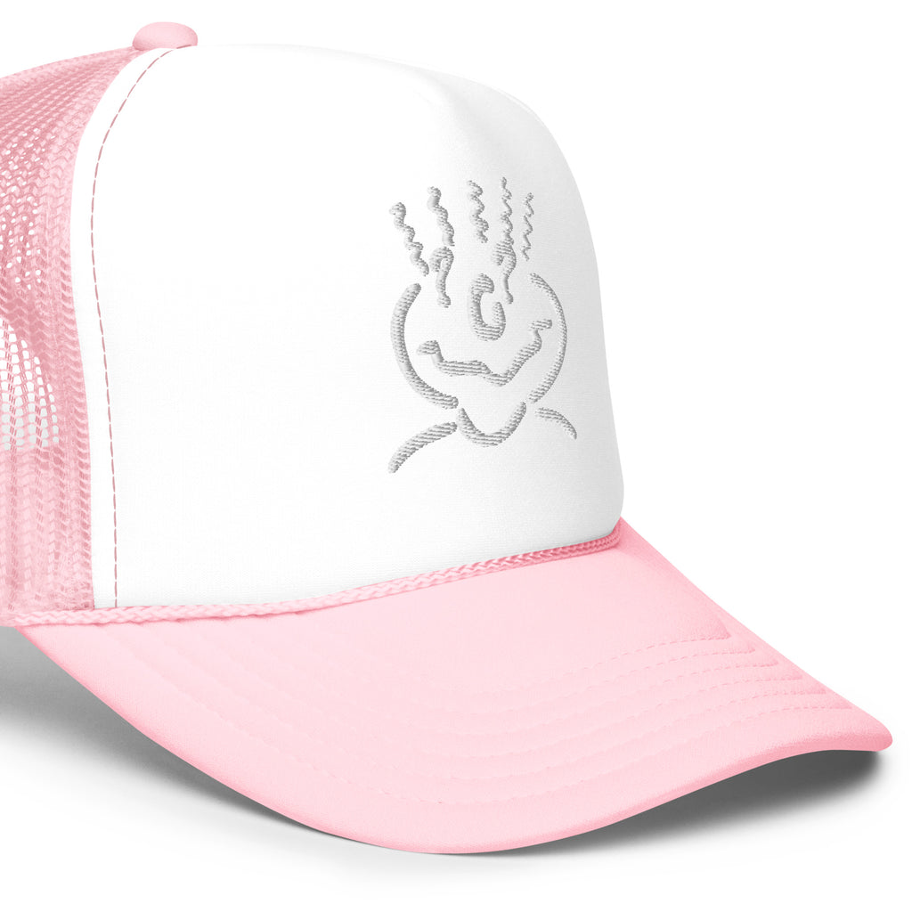 Michelle Mishkin Foam Trucker Embroidered Hat Pink & White